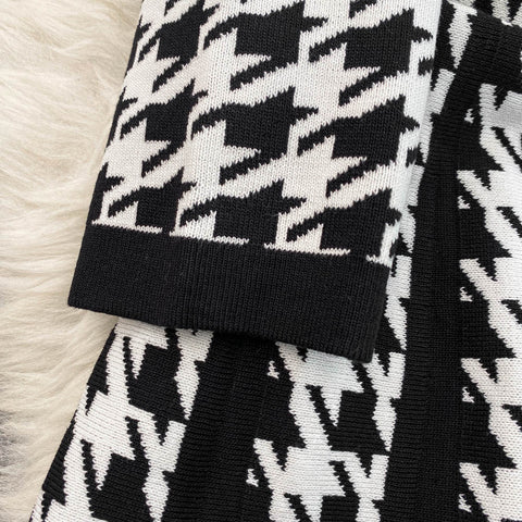 French Style Houndstooth Knitted Dress
