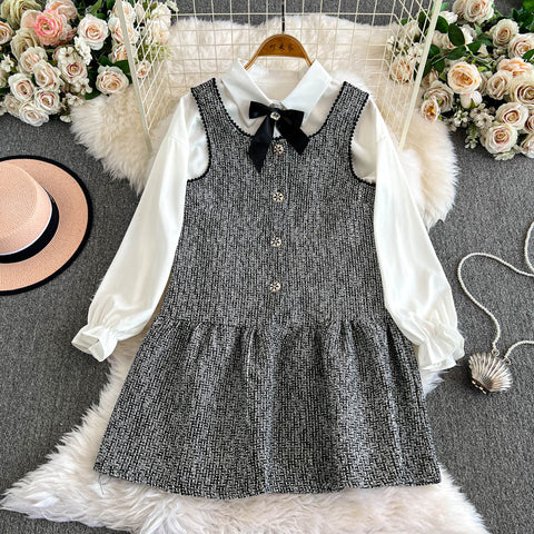 Sequined Tweed Dress&Bottoming Shirt 2Pcs