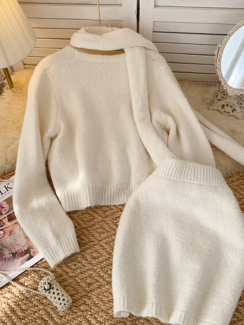 Cardigan&Skirt&Scarf Soft Knitted 3Pcs