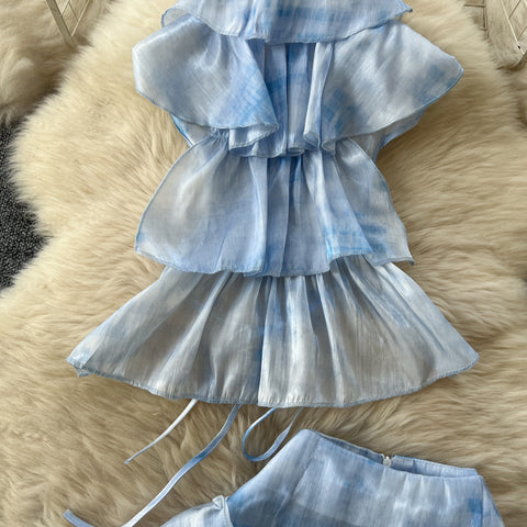 Tie-dye Blue Halter Top & Skirt 2Pcs