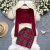 Red Cardigan&Plaid Skirt 2Pcs