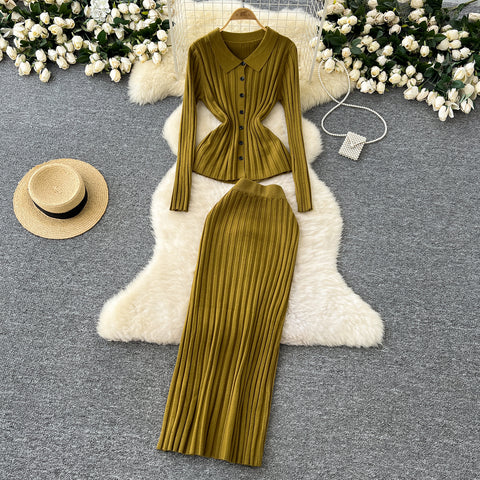 Waist-slimming Knitwear&Skirt Striped 2Pcs