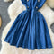 Hollowed Pleated Denim Vest Dress