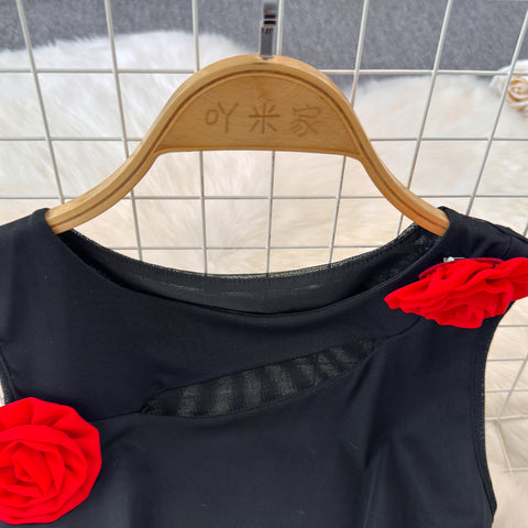 3d Flower Top&Skirt Black 2Pcs