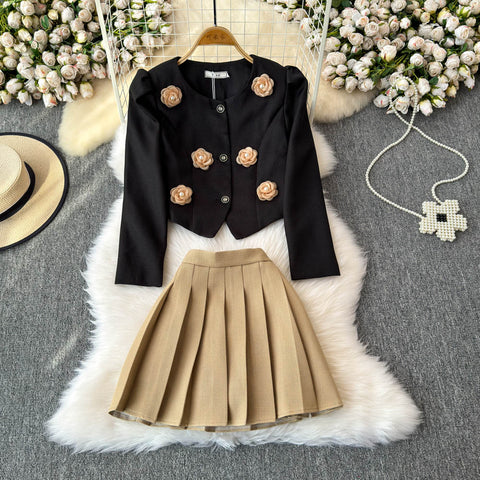 3D Rose Blazer&Pleated Skirt 2Pcs