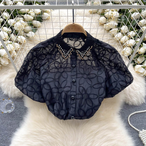 Niche Beaded Hollowed Mesh Blouse