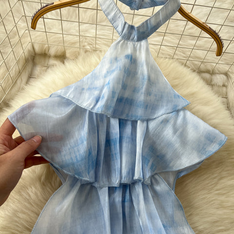 Tie-dye Blue Halter Top & Skirt 2Pcs