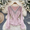 Rhinestone Studded V-neck Slim Knitwear