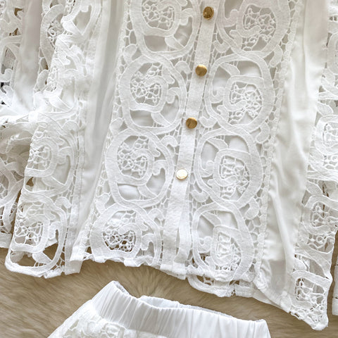 Crochet Shirt & Vest & Shorts 3Pcs