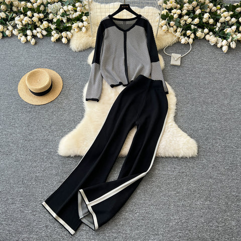 V-neck Sweater&Trousers Striped 2Pcs
