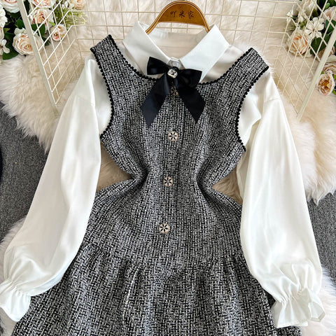 Sequined Tweed Dress&Bottoming Shirt 2Pcs