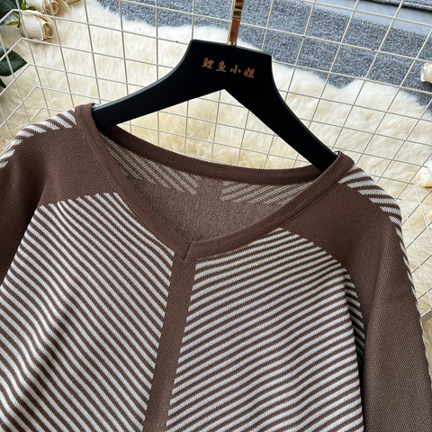 V-neck Sweater&Trousers Striped 2Pcs