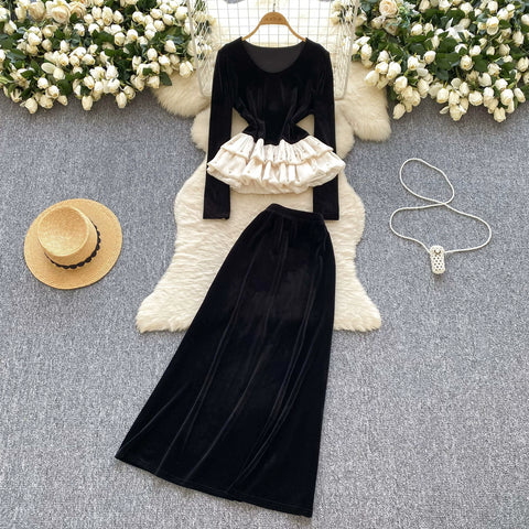 Beaded Ruffled Top & Suede Skirt 2Pcs