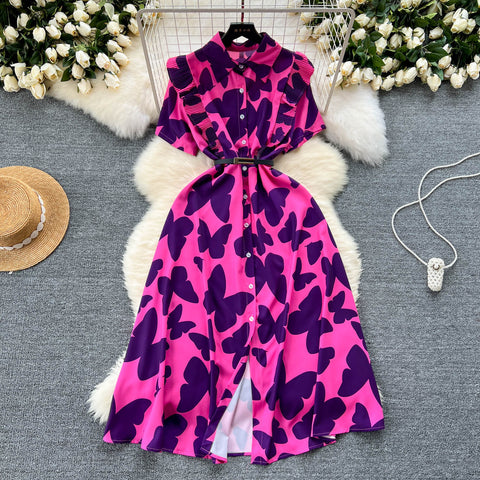 Niche Ruffled Printed Shirt Dress