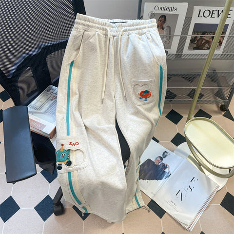 Cartoon Embroidered Casual Drawstring Trousers