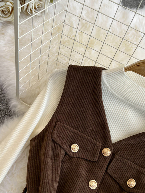Corduroy Vest Dress&Knitwear 2Pcs