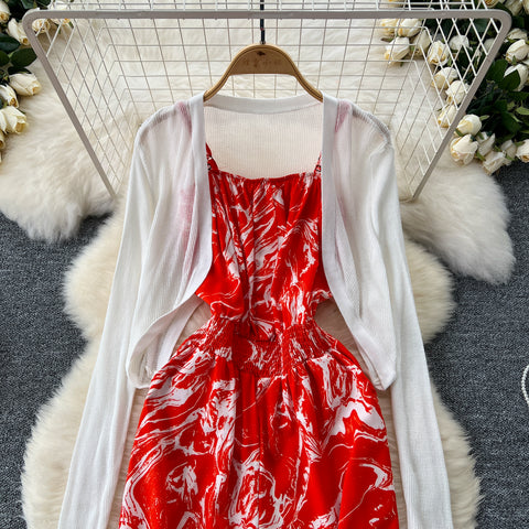 White Cardigan&Floral Jumpsuit 2Pcs