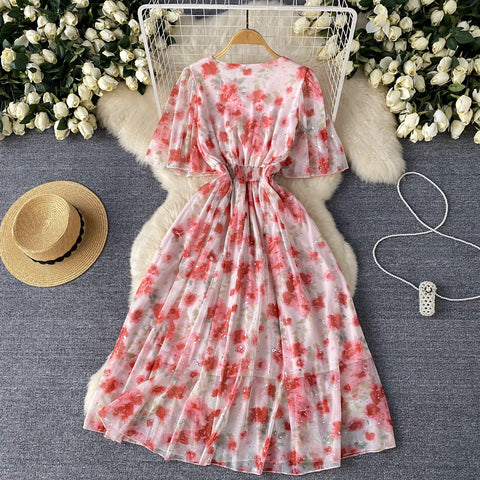 Sequined Floral Printed Ruffled Dress