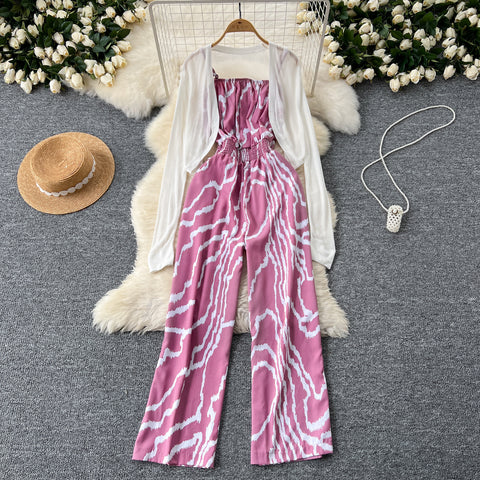 White Cardigan&Floral Jumpsuit 2Pcs