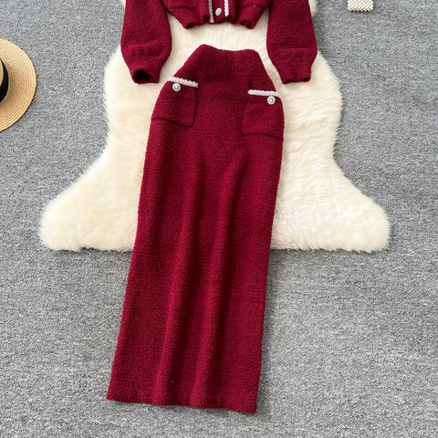 Beaded Cardigan&Slim Skirt Knitted 2Pcs