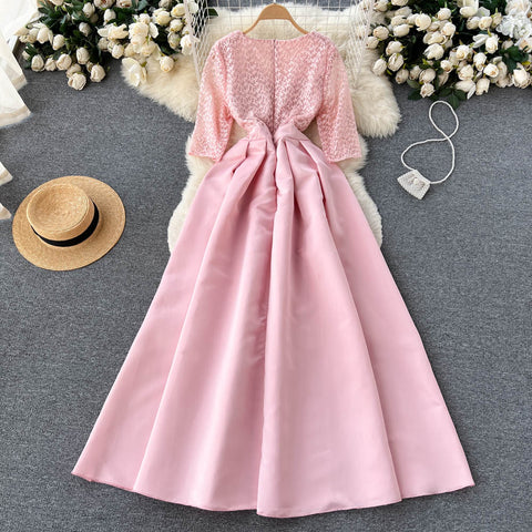 V-neck Embroidered Lace Pink Dress