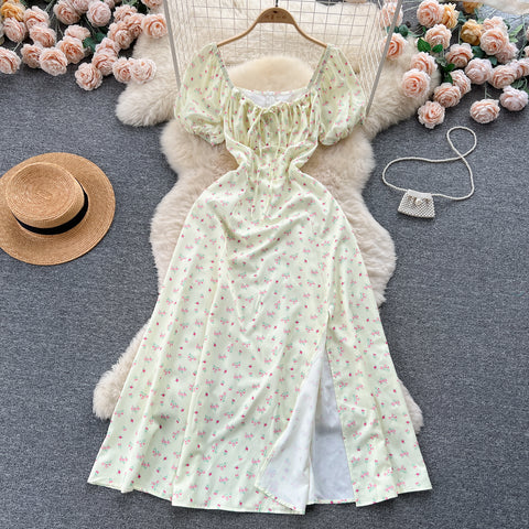 Ruffled Neckline Floral Split Dress