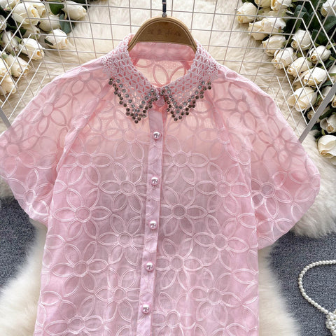 Niche Beaded Hollowed Mesh Blouse
