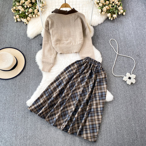 Zipped Cardigan&Plaid Skirt 2Pcs