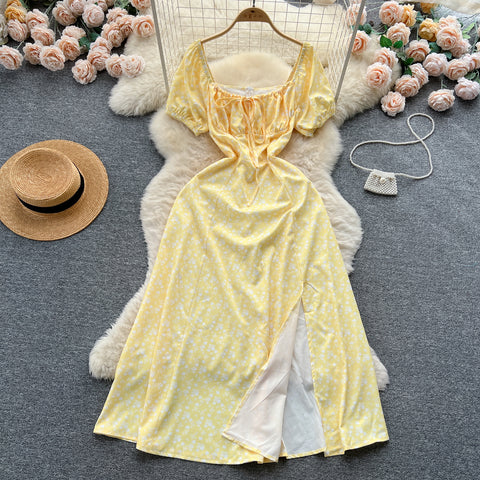 Ruffled Neckline Floral Split Dress