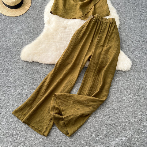 Draped Neckline Top & Wide-leg Trousers 2Pcs