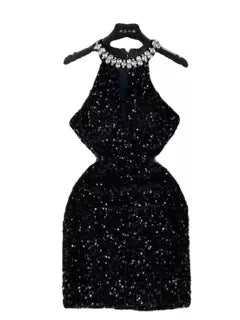Rhinestone Studded Shiny Black Halter Dress