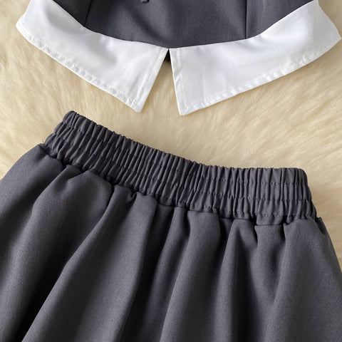 V-neck Blazer&Pleated Skirt 2Pcs