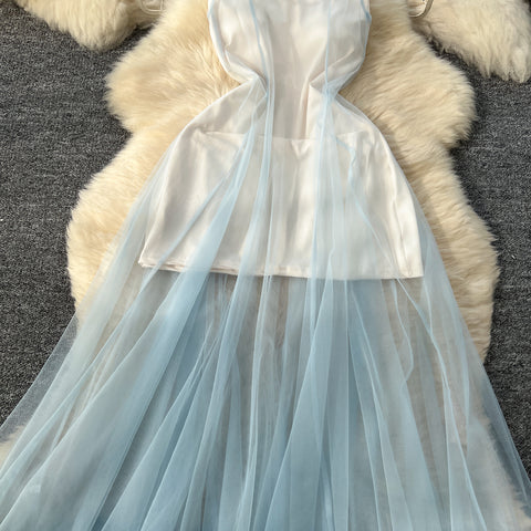 Blue Mesh Outwear & Slip Dress 2Pcs