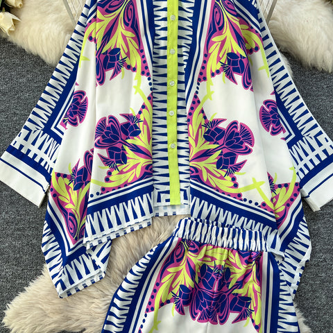 Bat Sleeve Top & Trousers Ethnic Printed 2Pcs