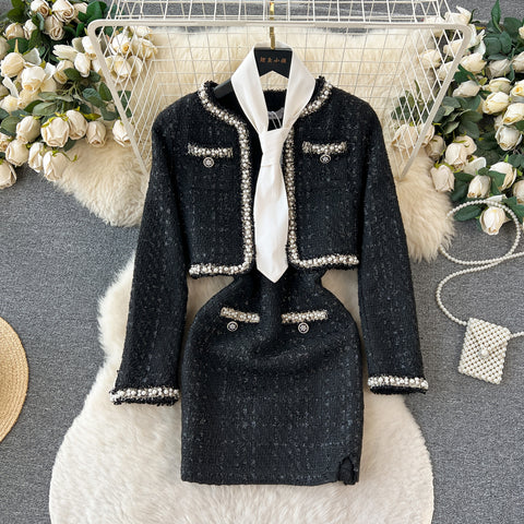 Beaded Blazer&Slip Dress Tweed 2Pcs