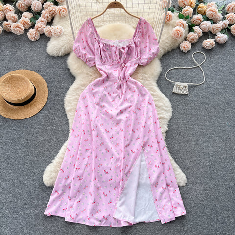 Ruffled Neckline Floral Split Dress