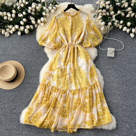 French Style Puffy Sleeve Ruffled Dress