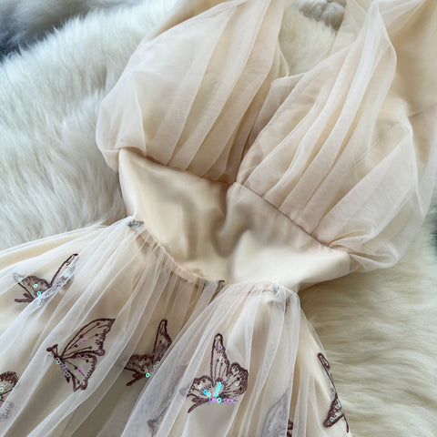 Backless Butterfly Sequined Halter Dress