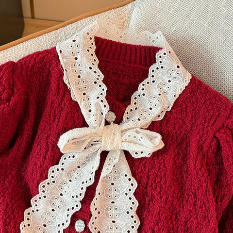 Lace Bow-tie Christmas Red Cardigan