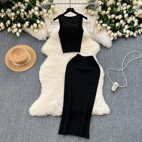 Camisole&Skirt Plaid Knitted 2Pcs