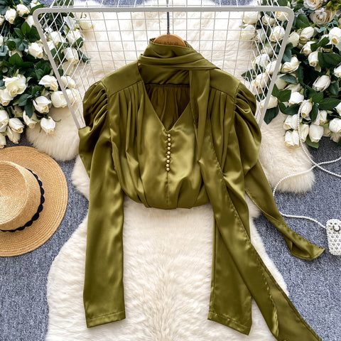 V-neck Satin Shirt with Ribbon