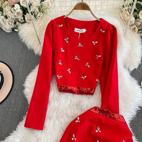 Rhinestone Studded Sweater&Skirt 2Pcs