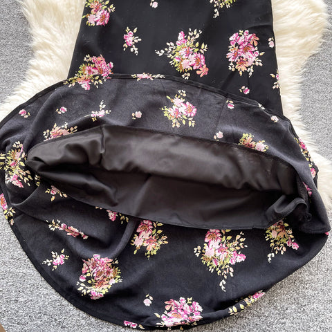 French Style Floral Black Slip Dress