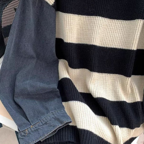 Loose-fit Denim Sleeve Stripe Sweater