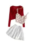 Cardigan&Floral Camisole&Skirt 3Pcs