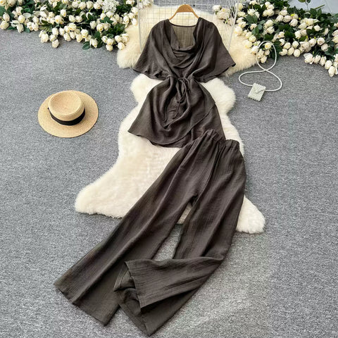 Draped Neckline Top & Wide-leg Trousers 2Pcs