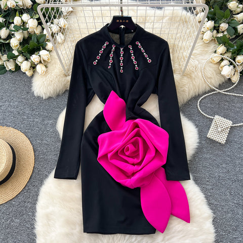 3D Rose Rhinestone Studded Black Dress