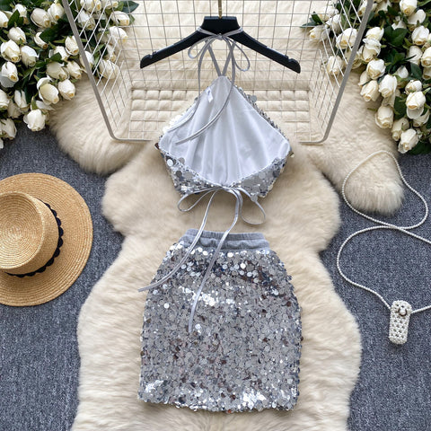 Halter Top&Skirt Sequined 2Pcs