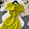 Folded Collar Pleated Mustard Green Dress