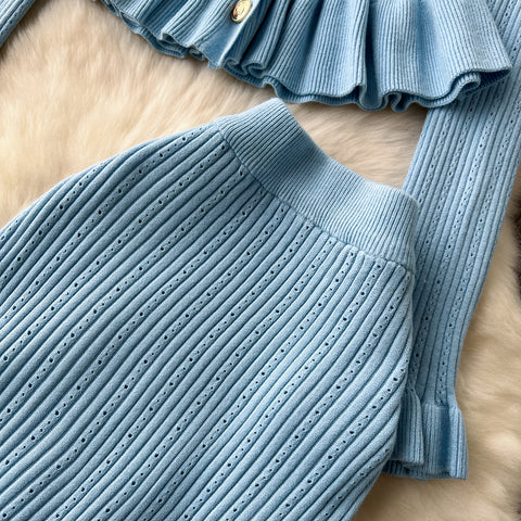 Ruffled Cardigan&Fishtail Skirt 2Pcs